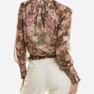 Amanda Uprichard S Mauve Floral Print High Neck Pleated Long Sleeve Blouse